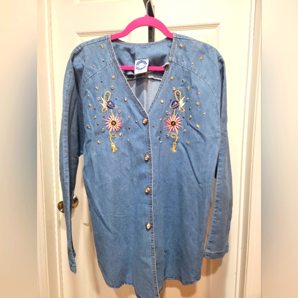 Bingo! Bingo! Vintage Embroidered Rhinestone Chambray Button Down Shirt Size 12